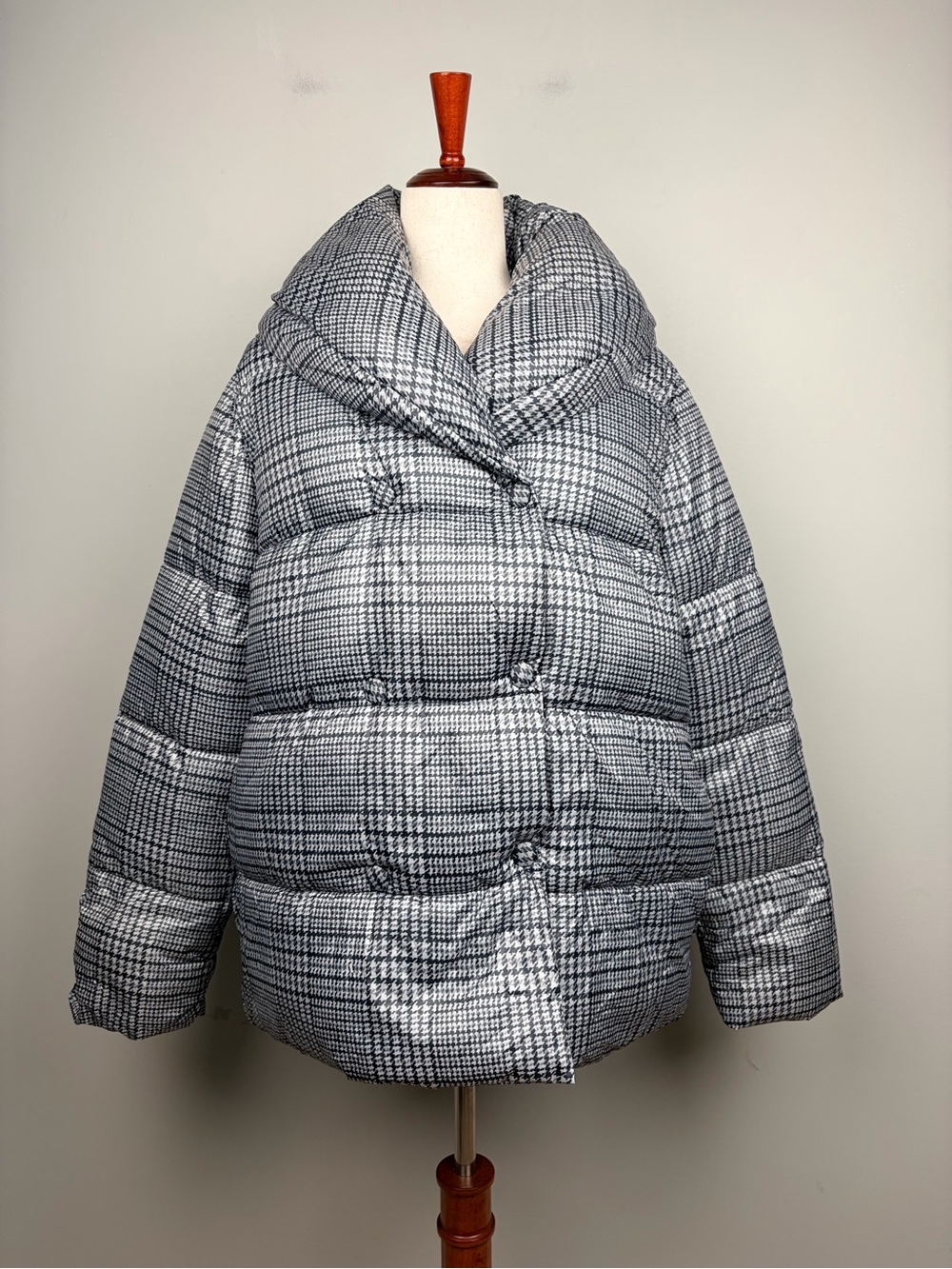 Jason Wu Women’s L Plaid Puffer Jacket Hooded Black White Oversized Coat